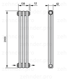Схема (чертеж) Радиатор Zehnder Charleston 2200/3 №2670 Белый глянцевый RAL 9016